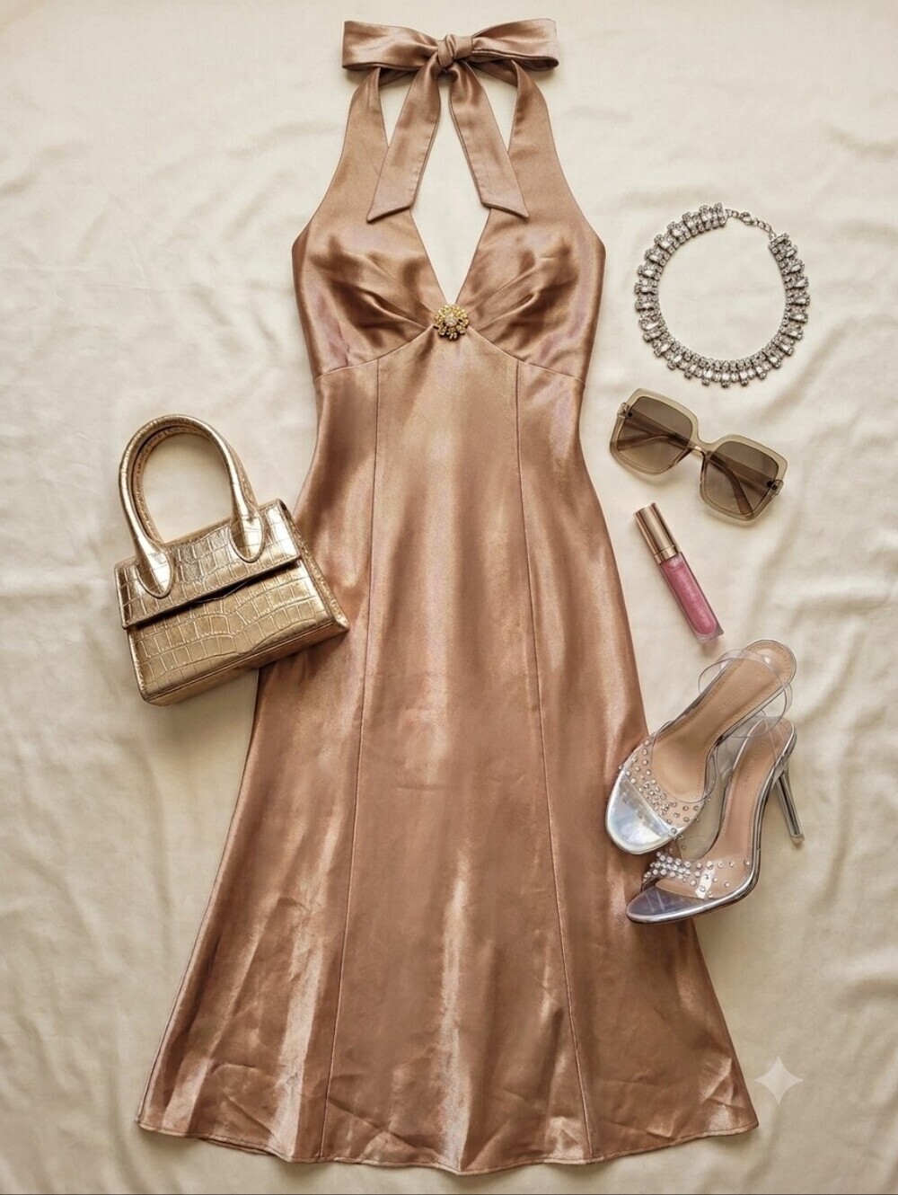 90s Y2K Jessica Mcclintock Gunne Sax Champagne Gold Metallic Halter Style Gown